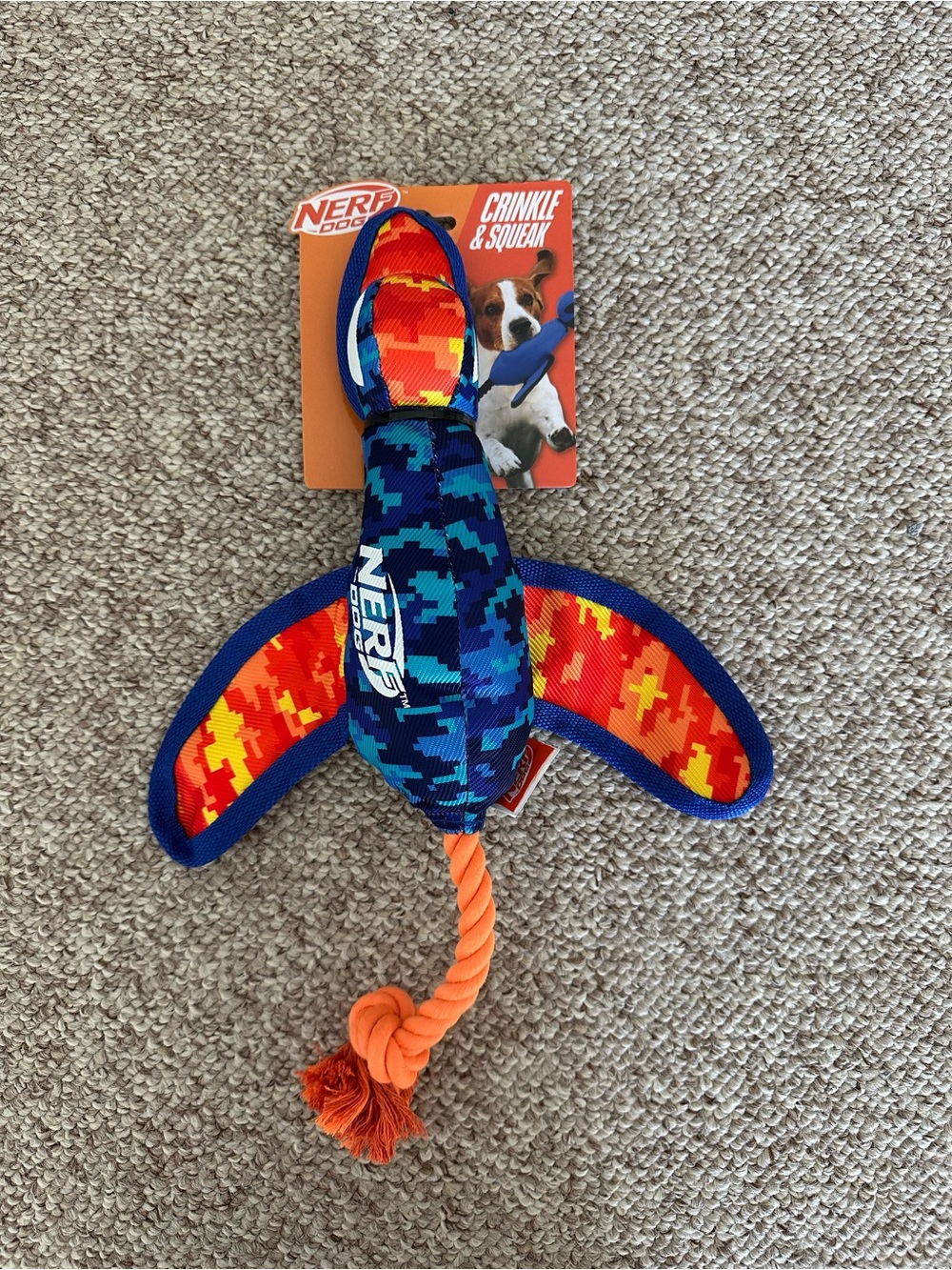 NERF Dog Blue & Orange Duck 🦆 Crinkle Squeak Plush Tug Toy